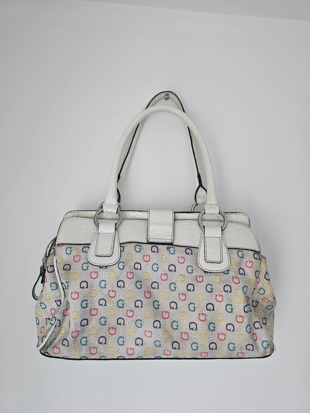 GUESS White Multicolor G-Print Satchel with Silver G Accent - Picture 3 of 8